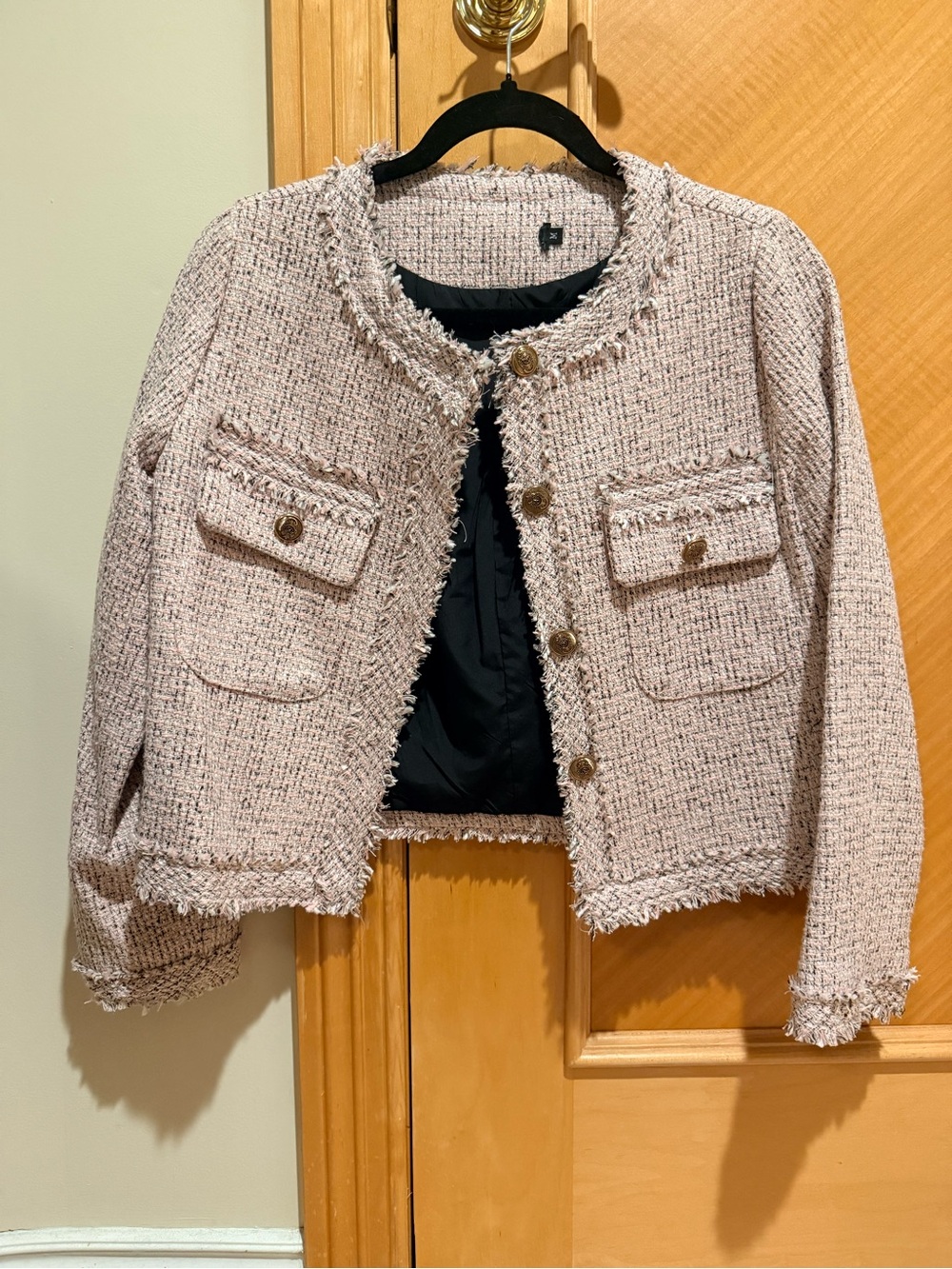 Frayed Bouclé Crop Blazer in Pale Pink